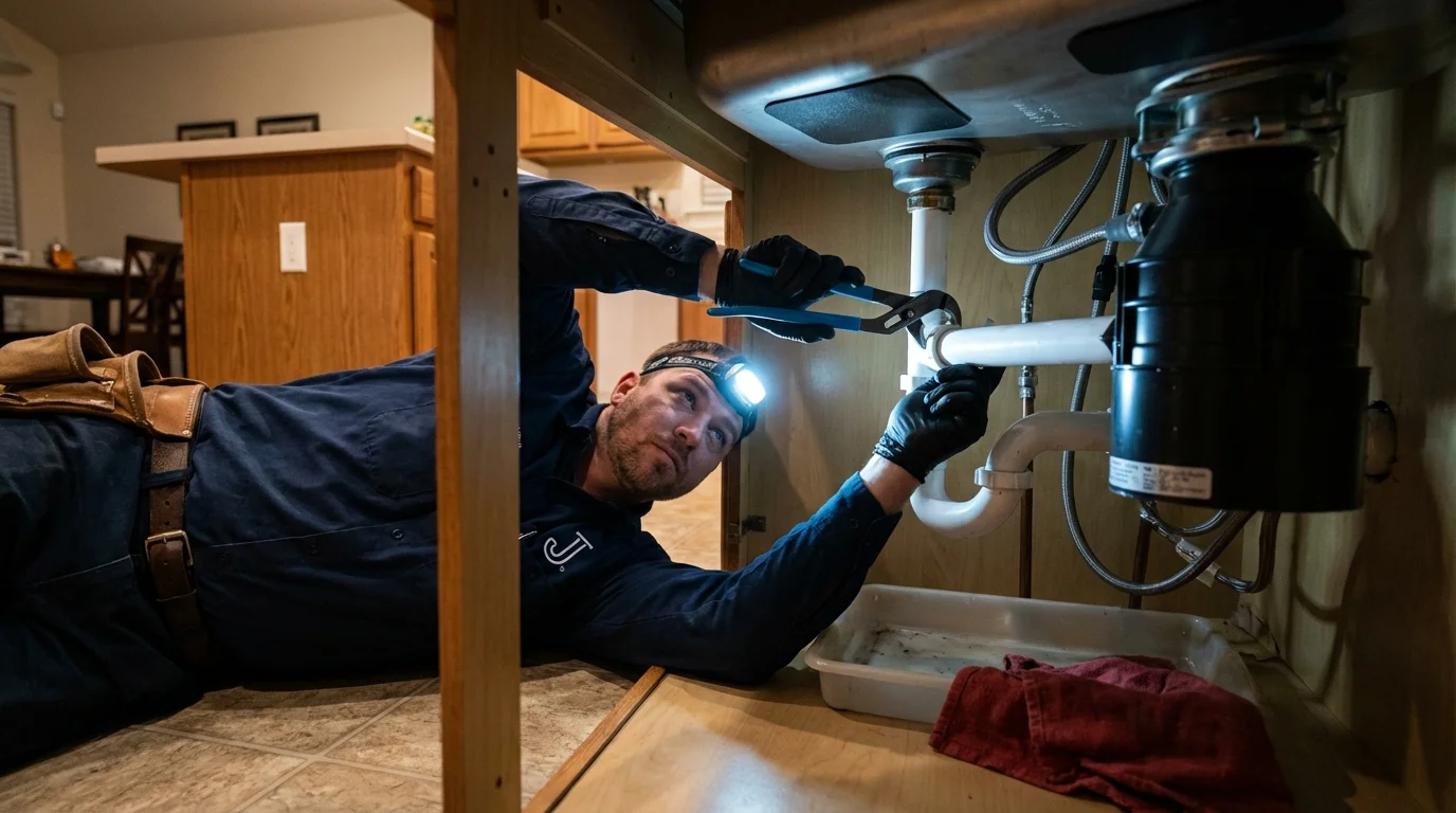 P-trap and supply line connections under a kitchen sink showing a common leak point in Milton, FL